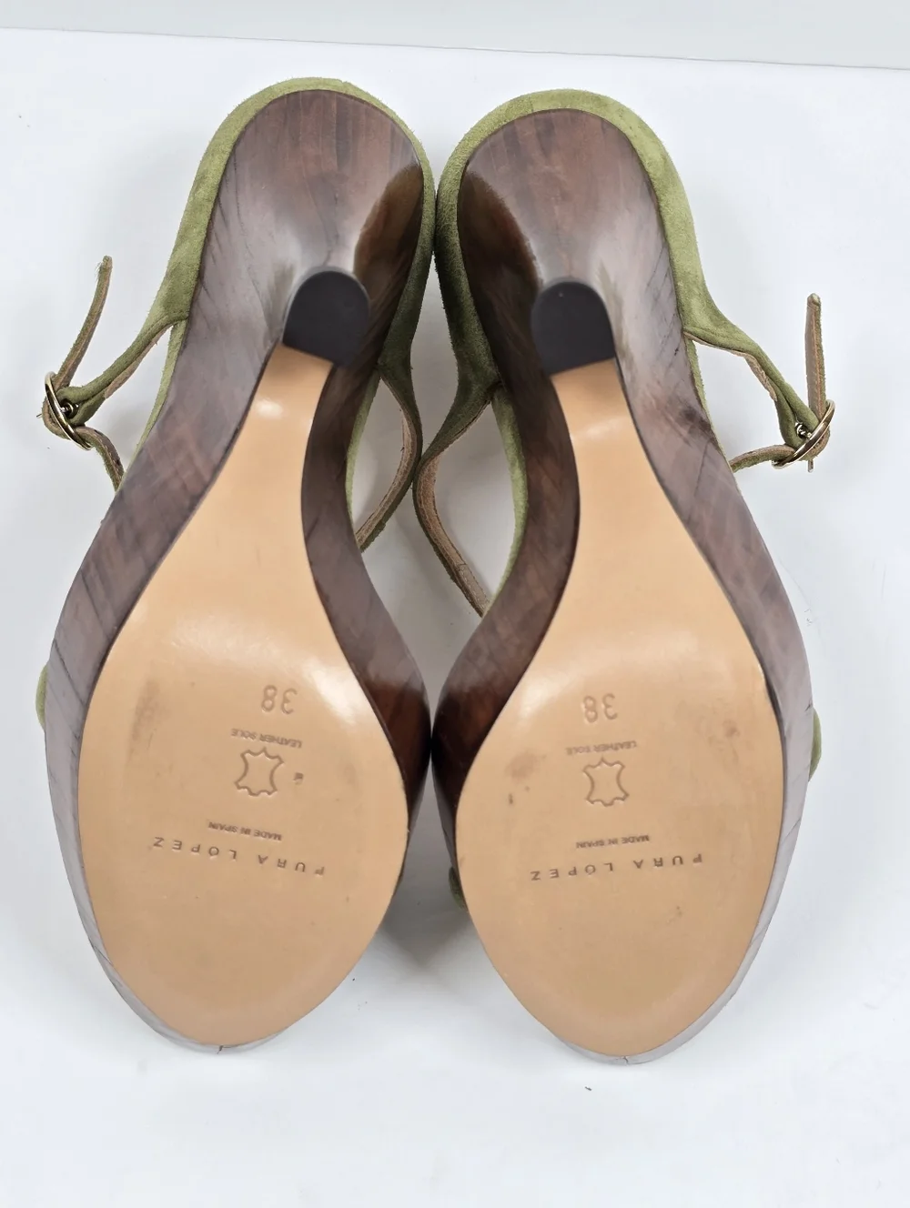 Pura Lopez Green Suede Countour Wood Wedge Platform Sandals Ankle Strap 38 - Picture 11 of 14